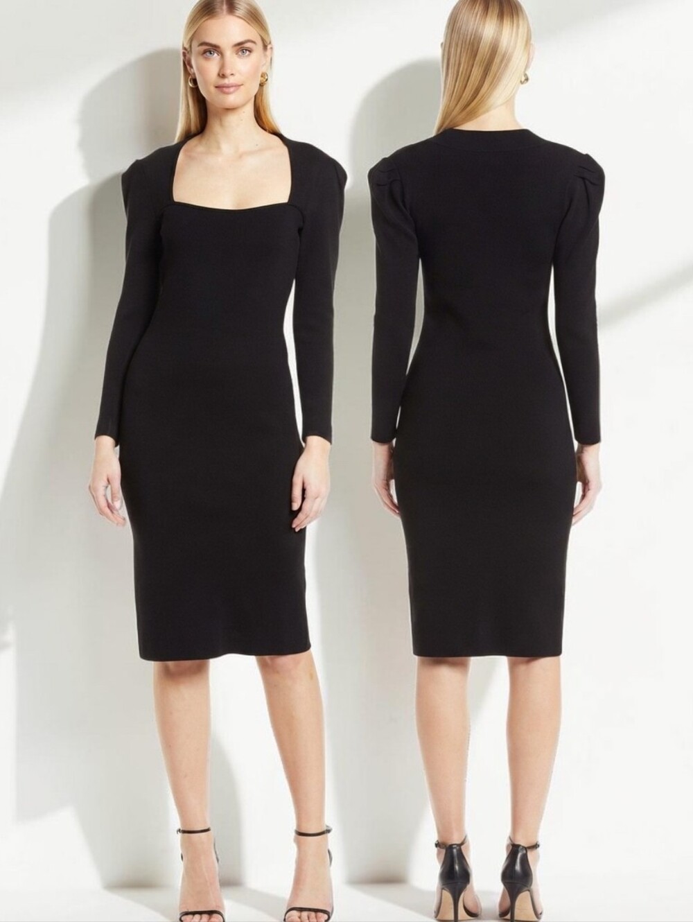 ELIZA J Classic Black Lonh Sleeve Midi Knit Dress - Size M